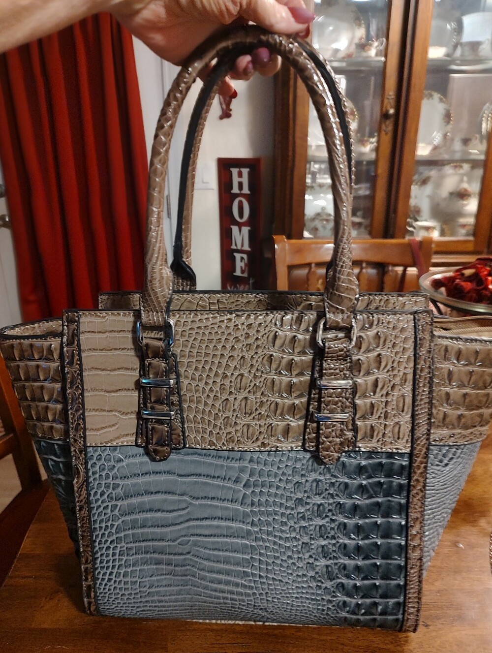 Cato Two-Tone Croc-Embossed Tote - Beige & Gray